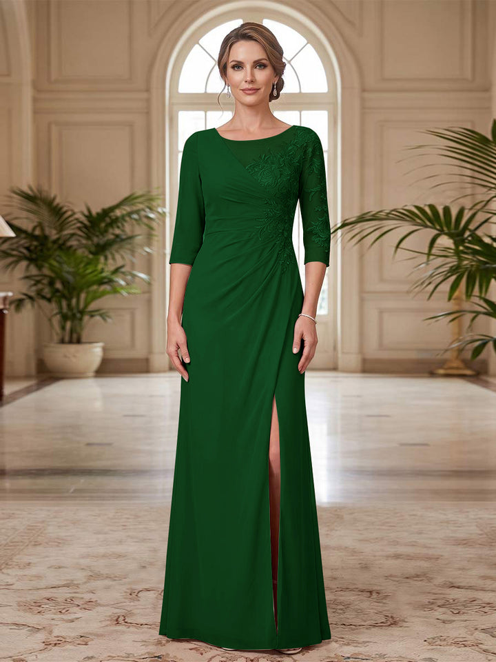 Sheath/Column Scoop 3/4 Sleeves Floor-length Mother of the Bride Dresses with Split Side &amp; Appliques