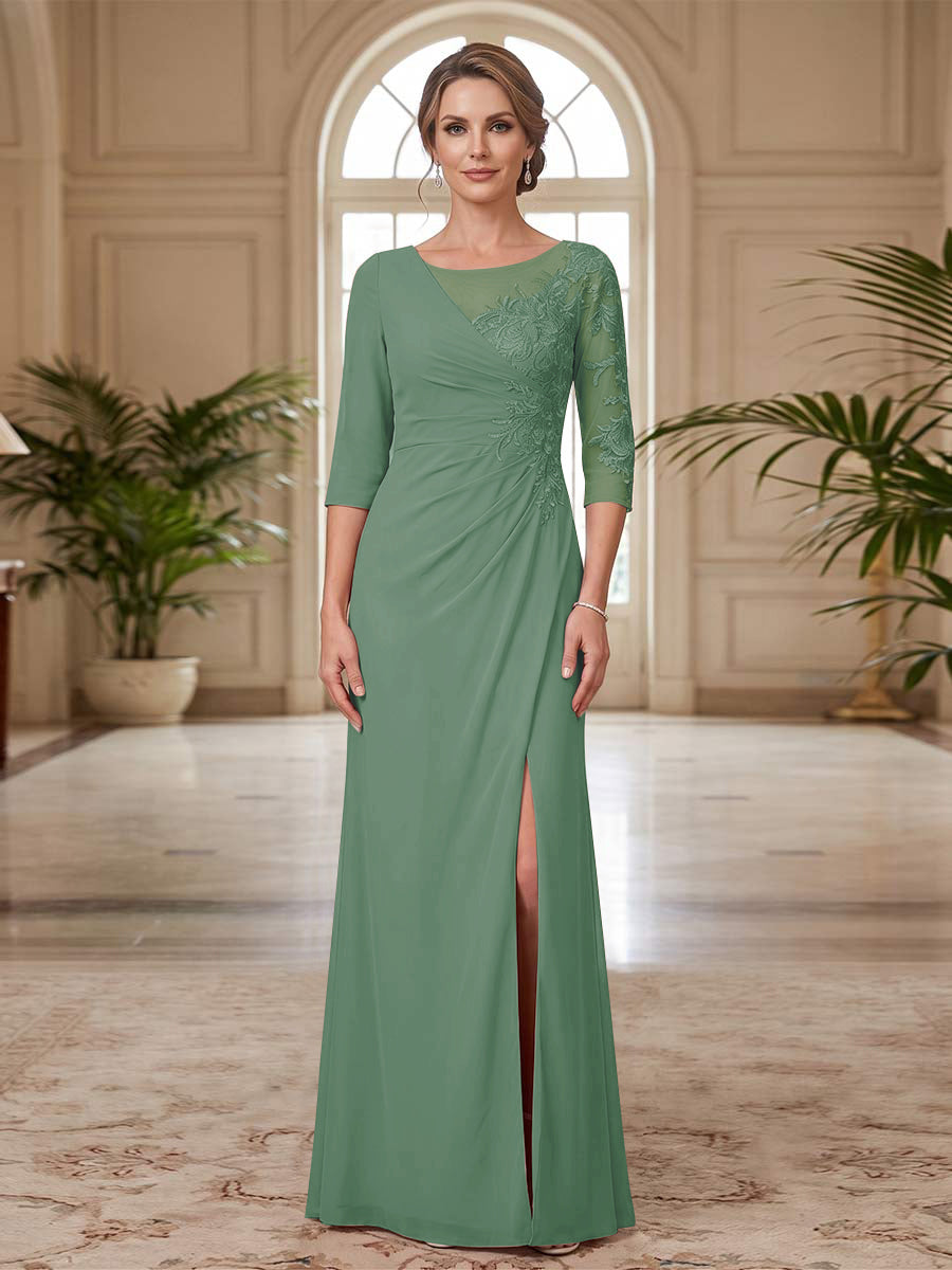 Sheath/Column Scoop 3/4 Sleeves Floor-length Mother of the Bride Dresses with Split Side &amp; Appliques