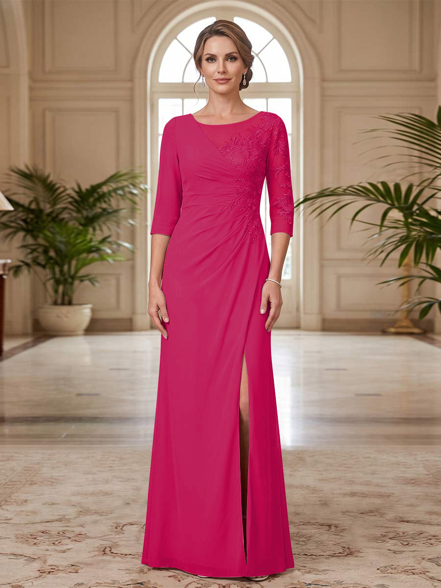 Sheath/Column Scoop 3/4 Sleeves Floor-length Mother of the Bride Dresses with Split Side &amp; Appliques