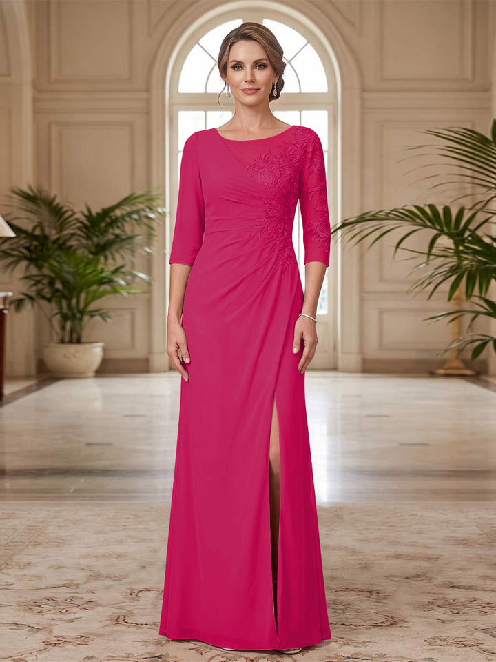Sheath/Column Scoop 3/4 Sleeves Floor-length Mother of the Bride Dresses with Split Side &amp; Appliques