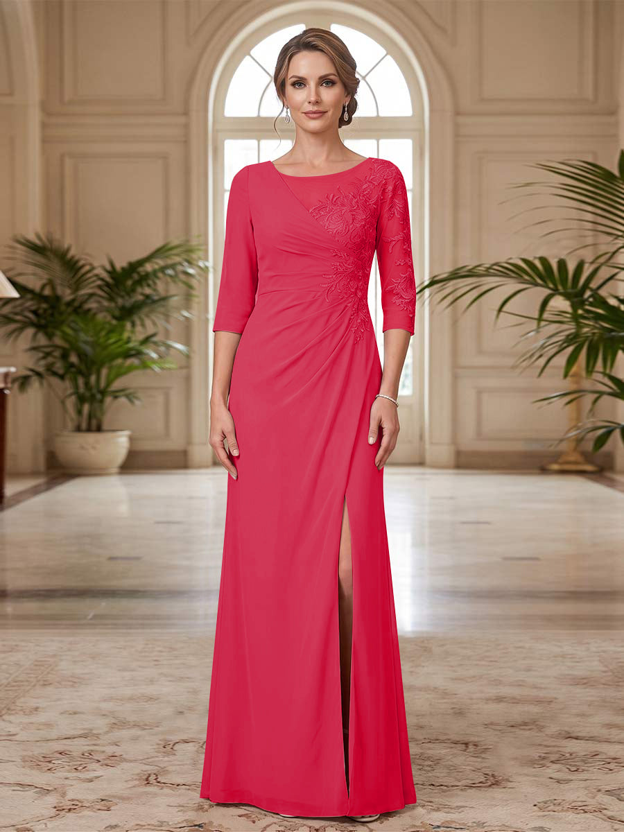 Sheath/Column Scoop 3/4 Sleeves Floor-length Mother of the Bride Dresses with Split Side &amp; Appliques