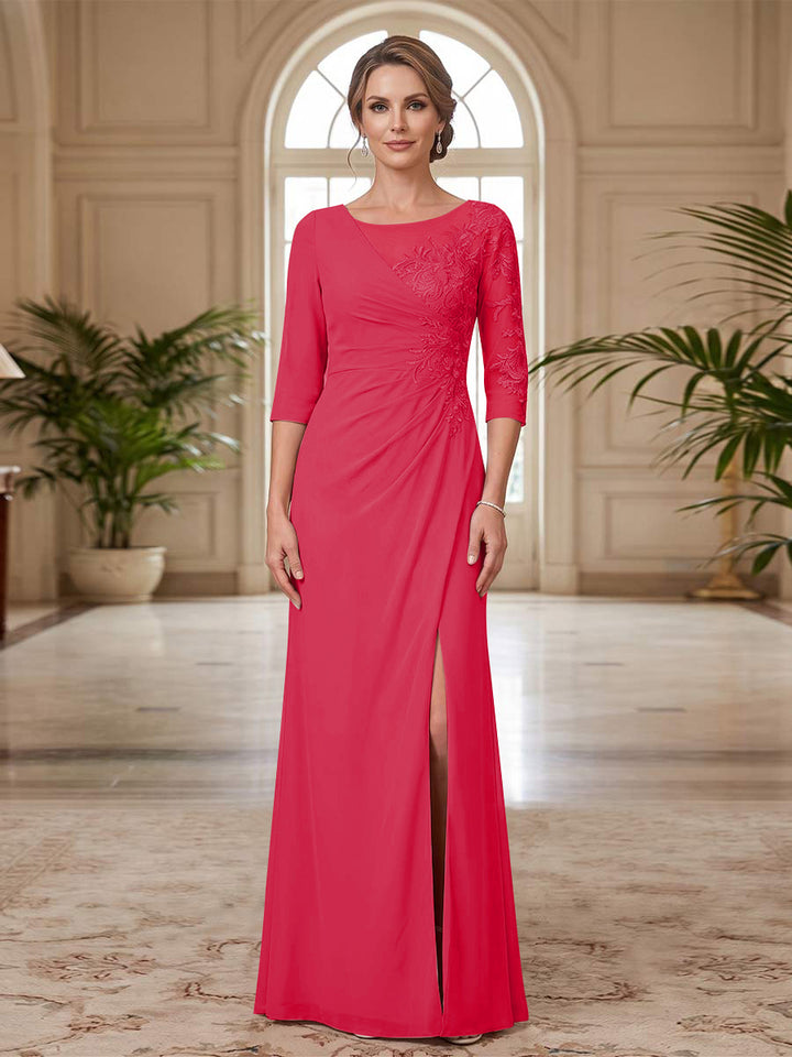Sheath/Column Scoop 3/4 Sleeves Floor-length Mother of the Bride Dresses with Split Side &amp; Appliques