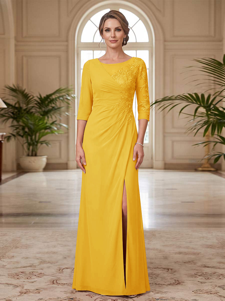 Sheath/Column Scoop 3/4 Sleeves Floor-length Mother of the Bride Dresses with Split Side &amp; Appliques