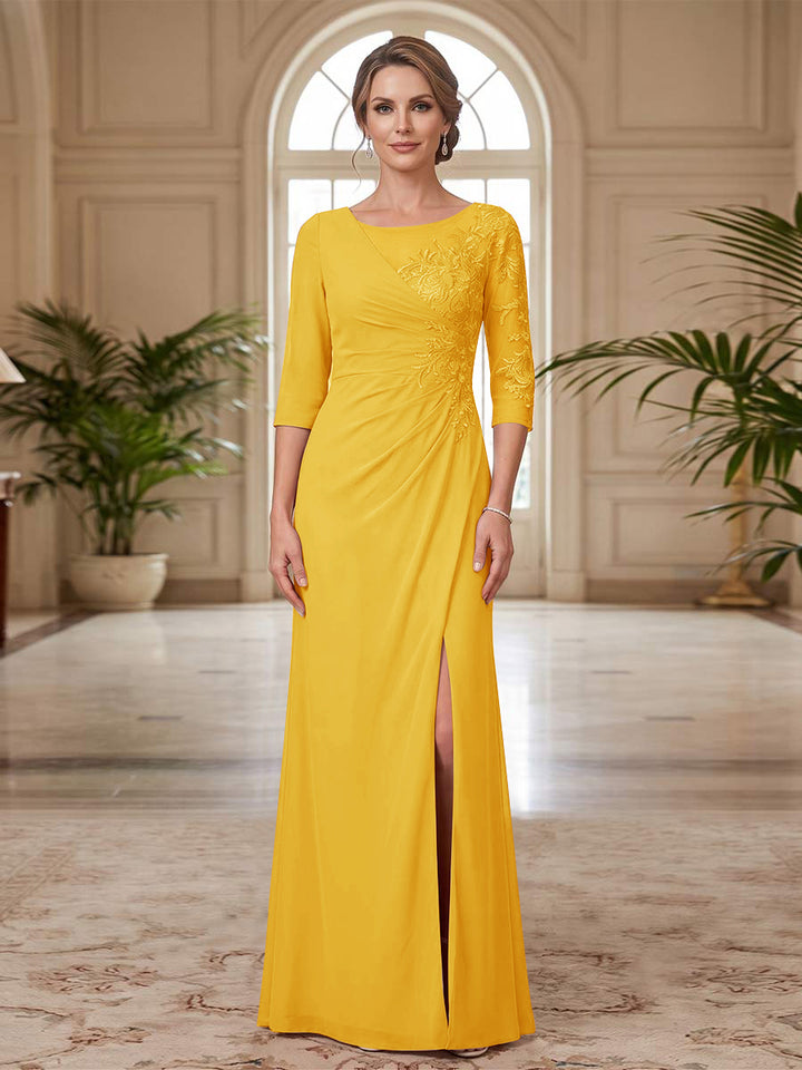 Sheath/Column Scoop 3/4 Sleeves Floor-length Mother of the Bride Dresses with Split Side &amp; Appliques