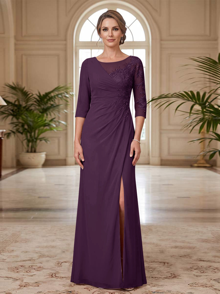 Sheath/Column Scoop 3/4 Sleeves Floor-length Mother of the Bride Dresses with Split Side &amp; Appliques