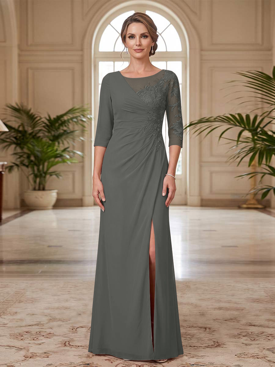 Sheath/Column Scoop 3/4 Sleeves Floor-length Mother of the Bride Dresses with Split Side &amp; Appliques