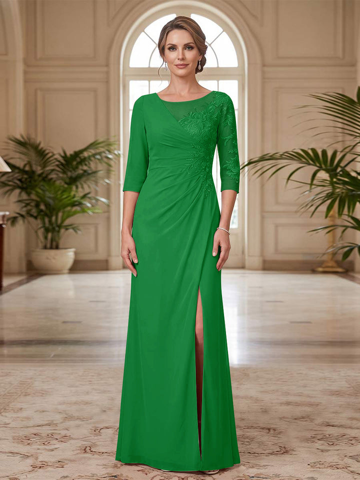 Sheath/Column Scoop 3/4 Sleeves Floor-length Mother of the Bride Dresses with Split Side &amp; Appliques