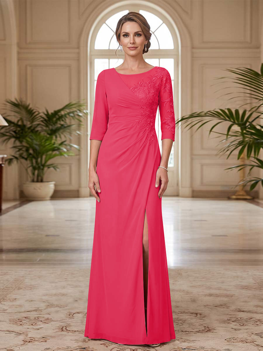 Sheath/Column Scoop 3/4 Sleeves Floor-length Mother of the Bride Dresses with Split Side &amp; Appliques