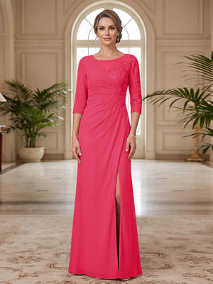 Sheath/Column Scoop 3/4 Sleeves Floor-length Mother of the Bride Dresses with Split Side & Appliques