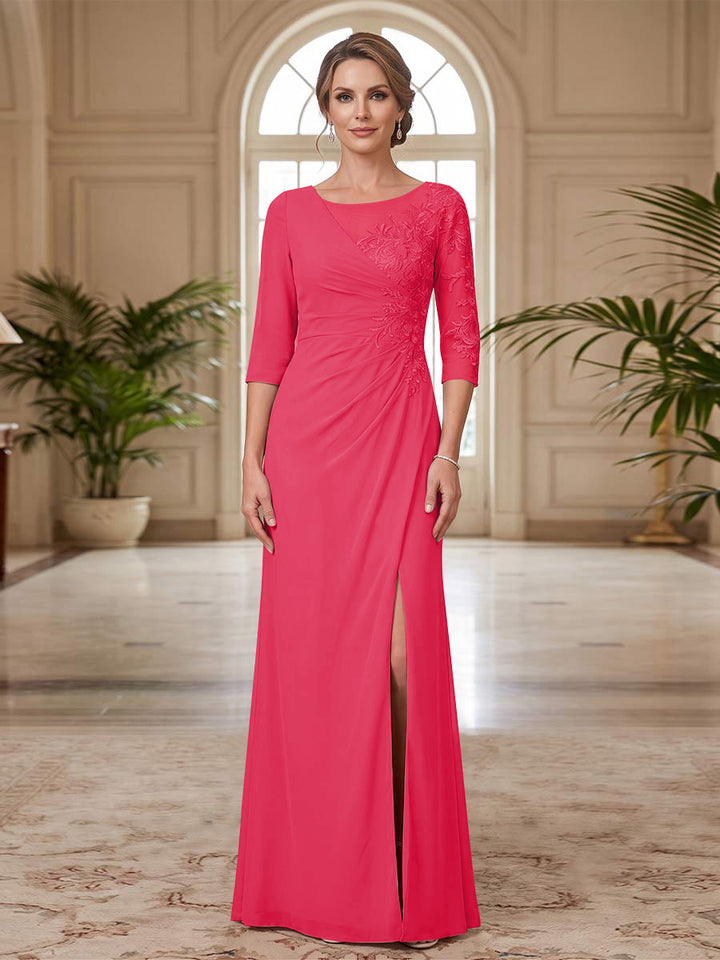 Sheath/Column Scoop 3/4 Sleeves Floor-length Mother of the Bride Dresses with Split Side &amp; Appliques