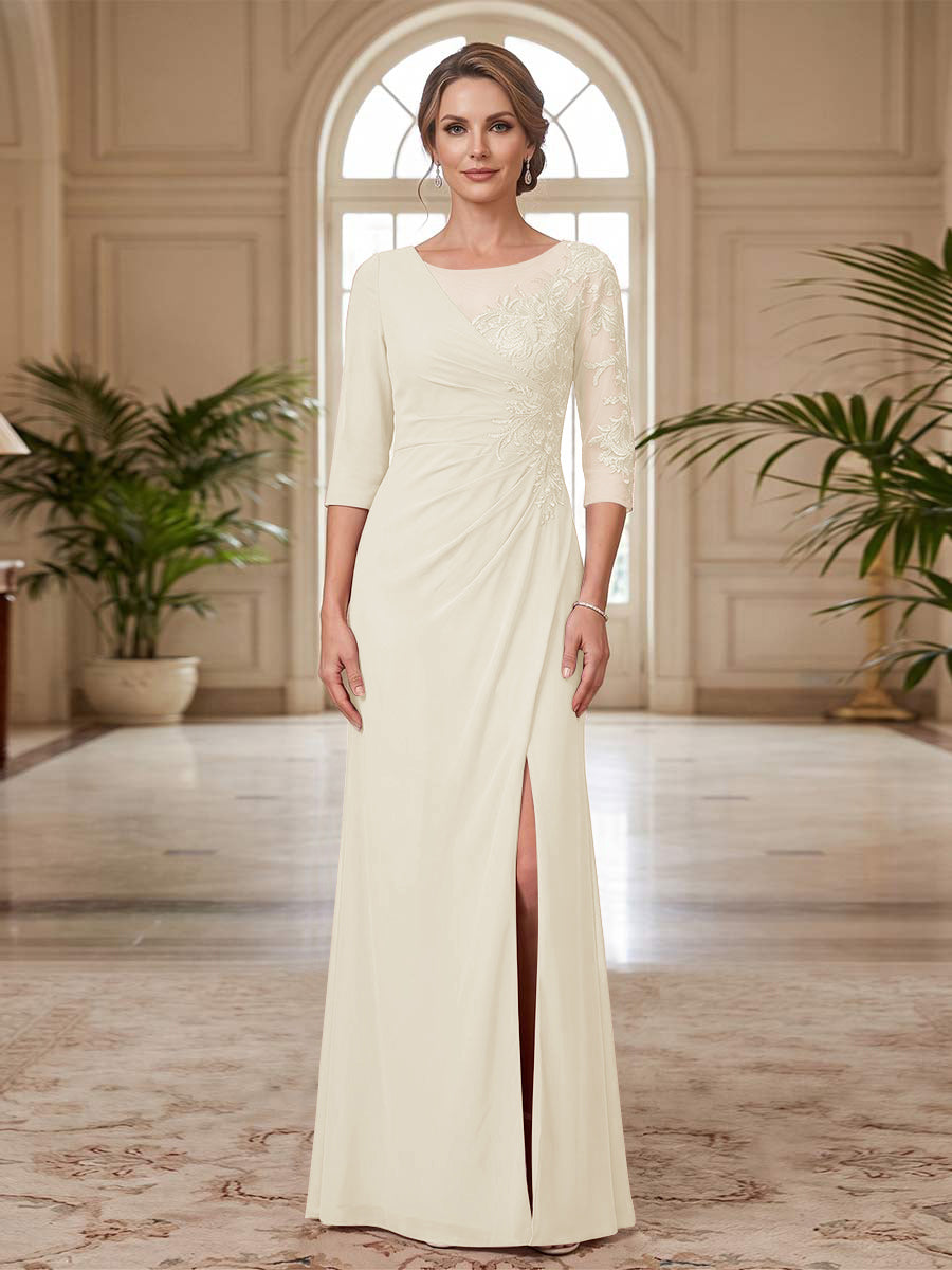 Sheath/Column Scoop 3/4 Sleeves Floor-length Mother of the Bride Dresses with Split Side &amp; Appliques