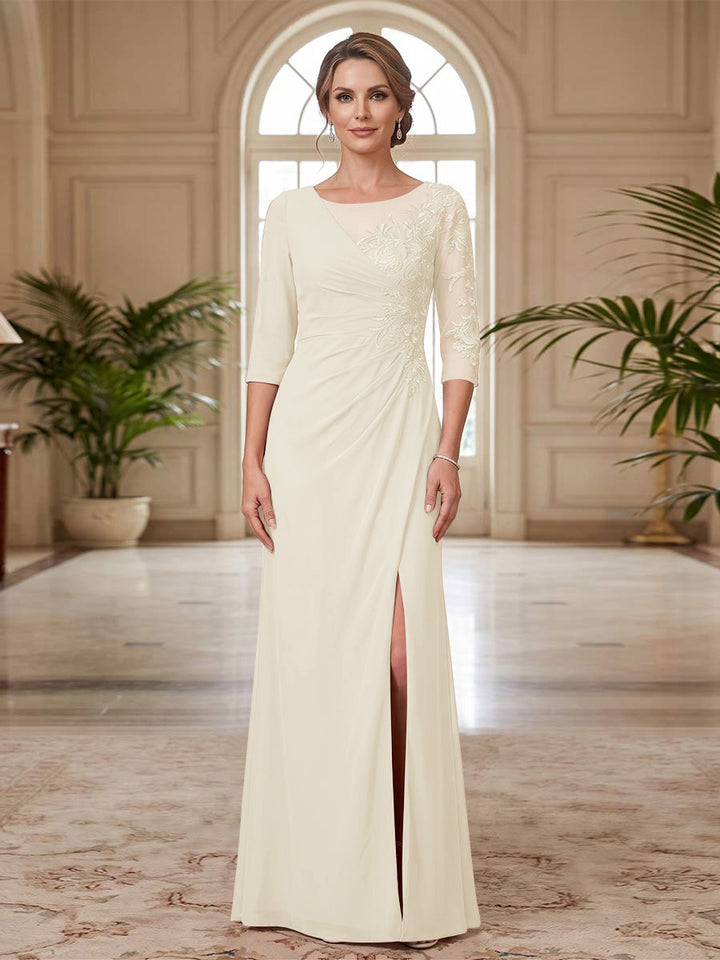 Sheath/Column Scoop 3/4 Sleeves Floor-length Mother of the Bride Dresses with Split Side &amp; Appliques