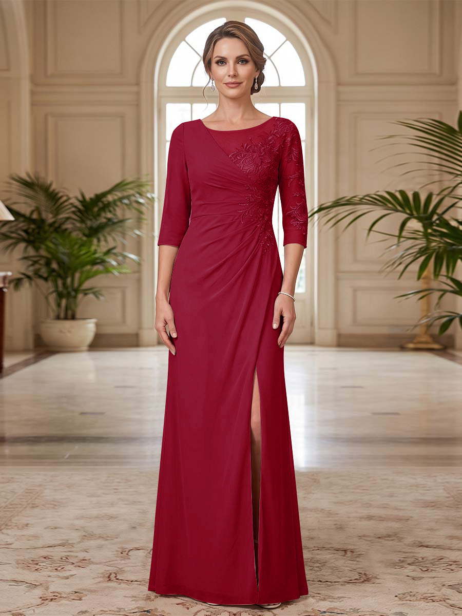 Sheath/Column Scoop 3/4 Sleeves Floor-length Mother of the Bride Dresses with Split Side &amp; Appliques