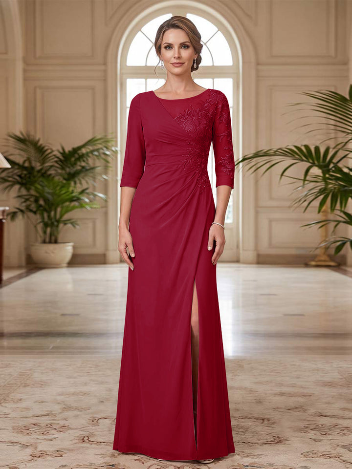 Sheath/Column Scoop 3/4 Sleeves Floor-length Mother of the Bride Dresses with Split Side &amp; Appliques