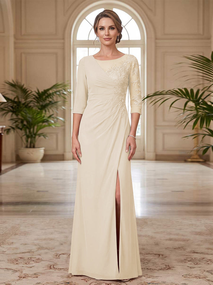 Sheath/Column Scoop 3/4 Sleeves Floor-length Mother of the Bride Dresses with Split Side &amp; Appliques