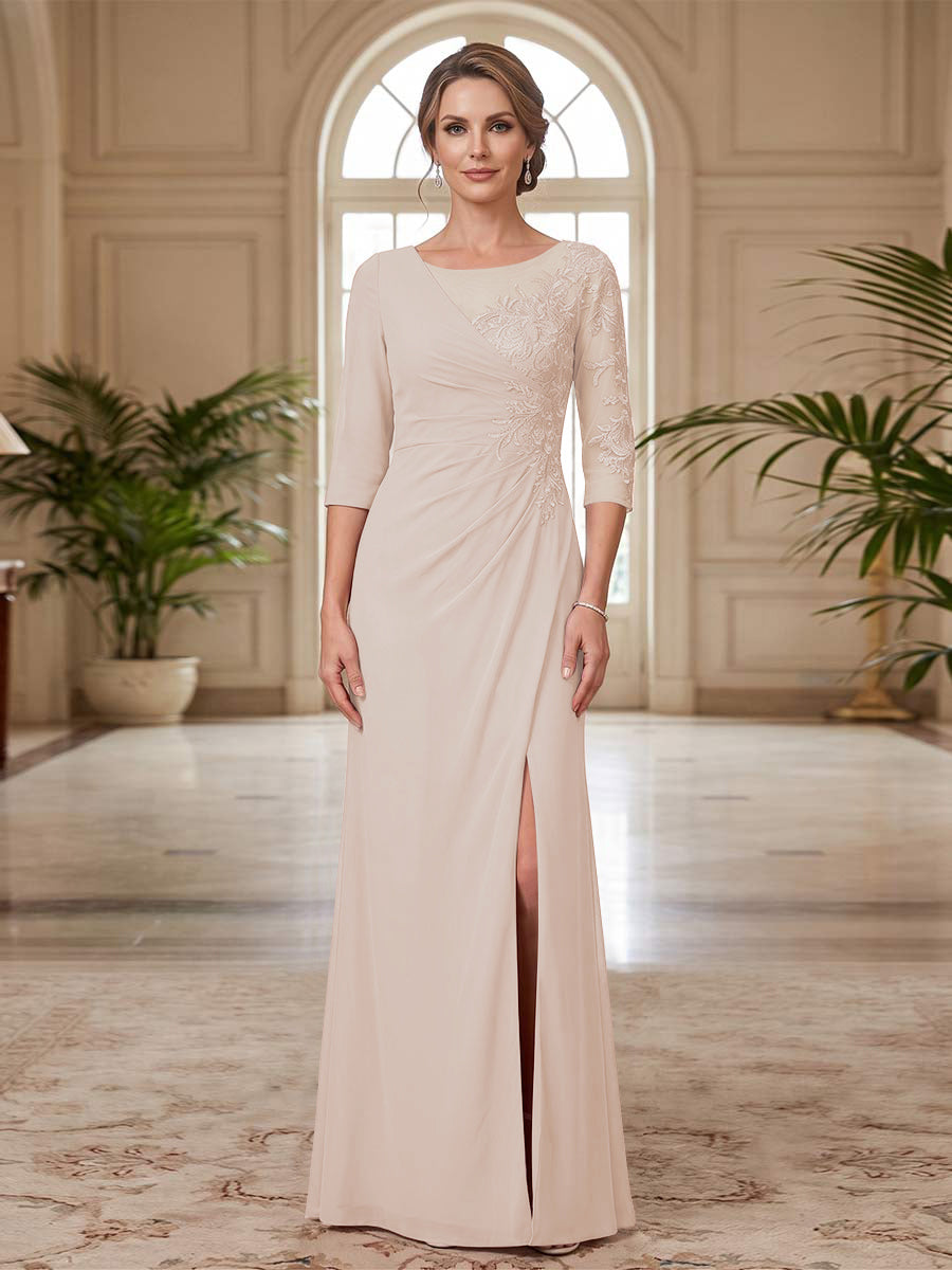 Sheath/Column Scoop 3/4 Sleeves Floor-length Mother of the Bride Dresses with Split Side &amp; Appliques