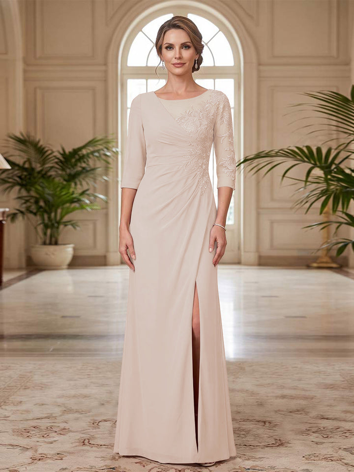 Sheath/Column Scoop 3/4 Sleeves Floor-length Mother of the Bride Dresses with Split Side &amp; Appliques