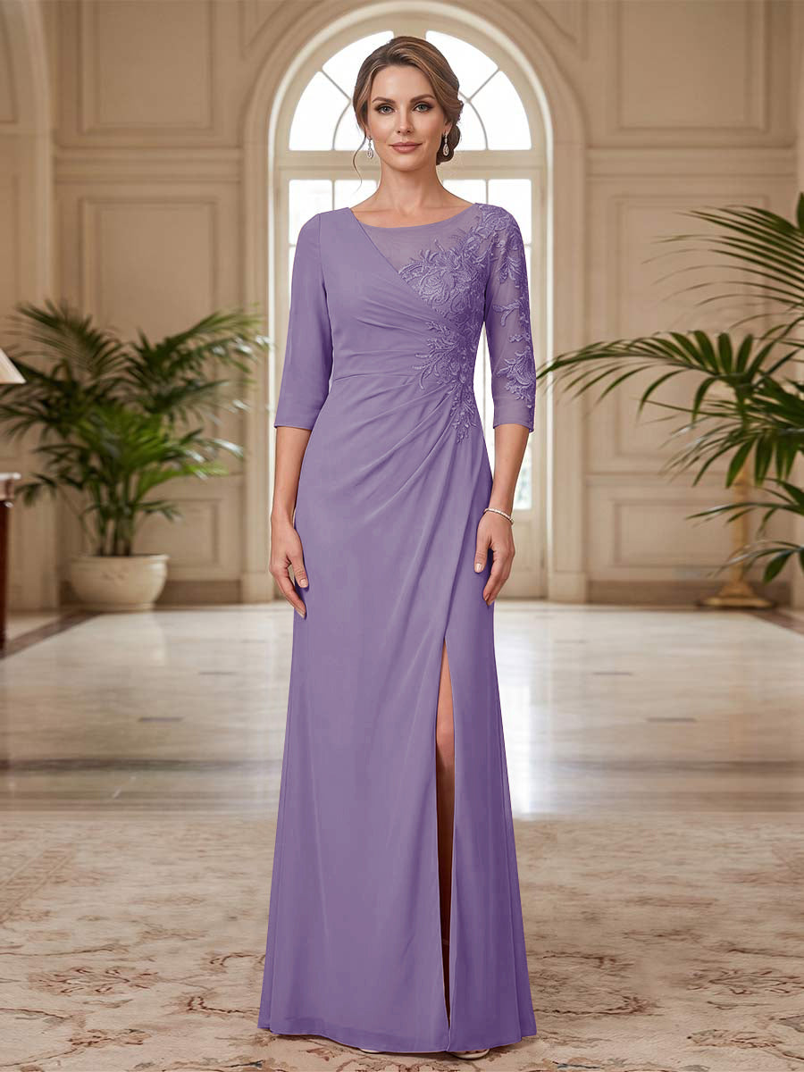 Sheath/Column Scoop 3/4 Sleeves Floor-length Mother of the Bride Dresses with Split Side &amp; Appliques
