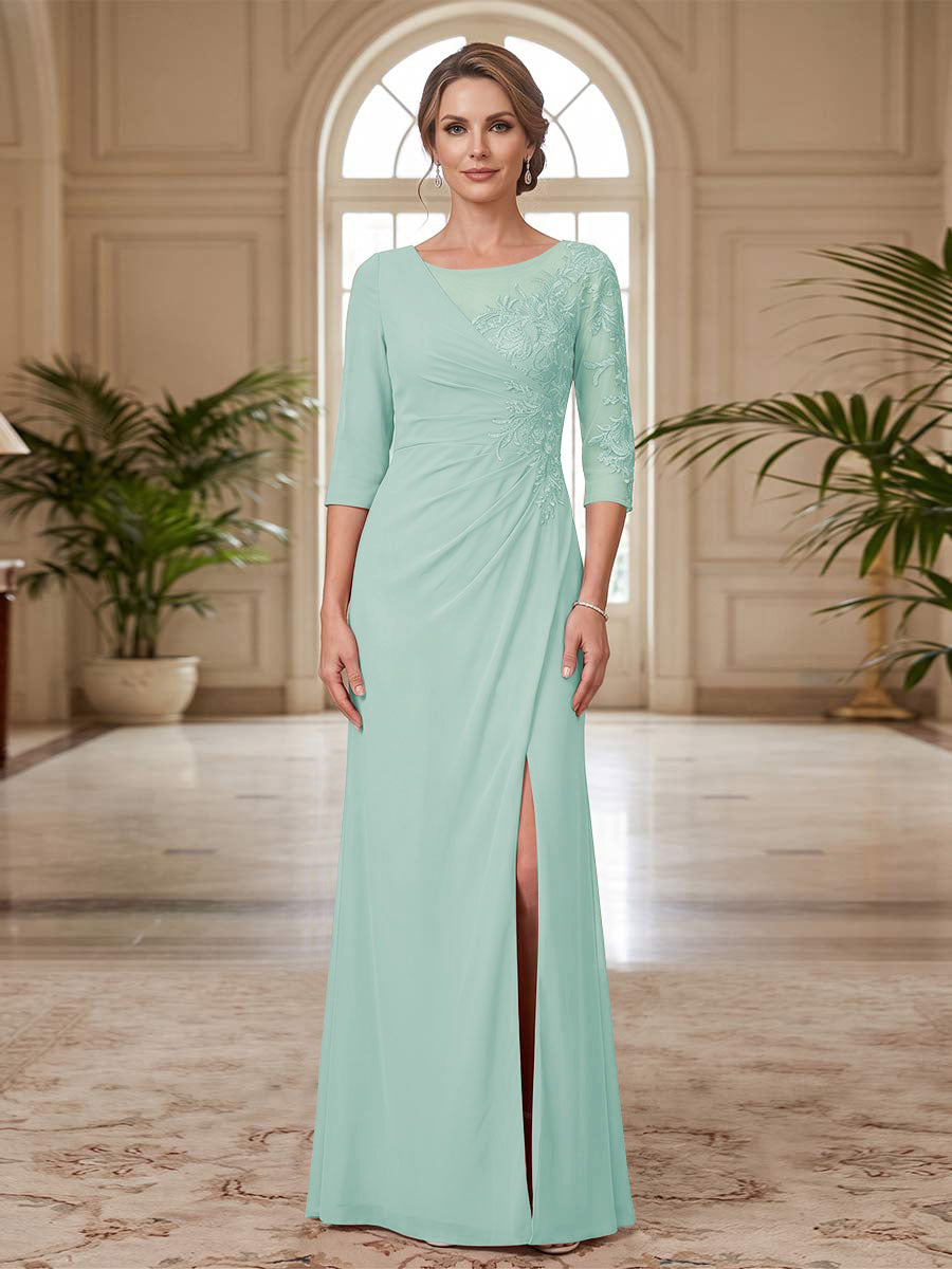 Sheath/Column Scoop 3/4 Sleeves Floor-length Mother of the Bride Dresses with Split Side &amp; Appliques