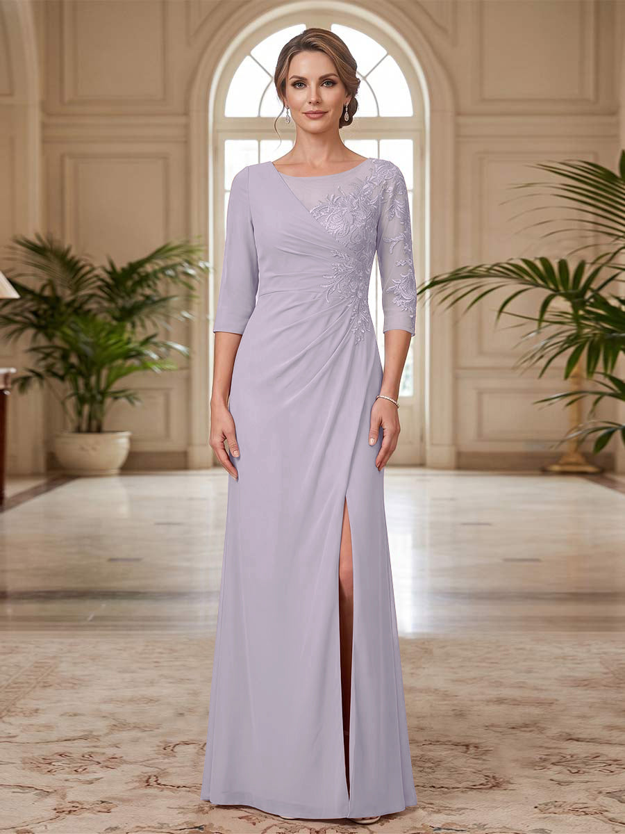 Sheath/Column Scoop 3/4 Sleeves Floor-length Mother of the Bride Dresses with Split Side &amp; Appliques
