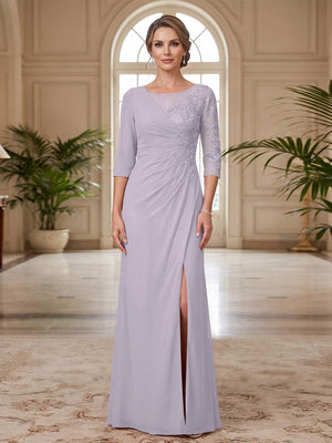 Sheath/Column Scoop 3/4 Sleeves Floor-length Mother of the Bride Dresses with Split Side & Appliques