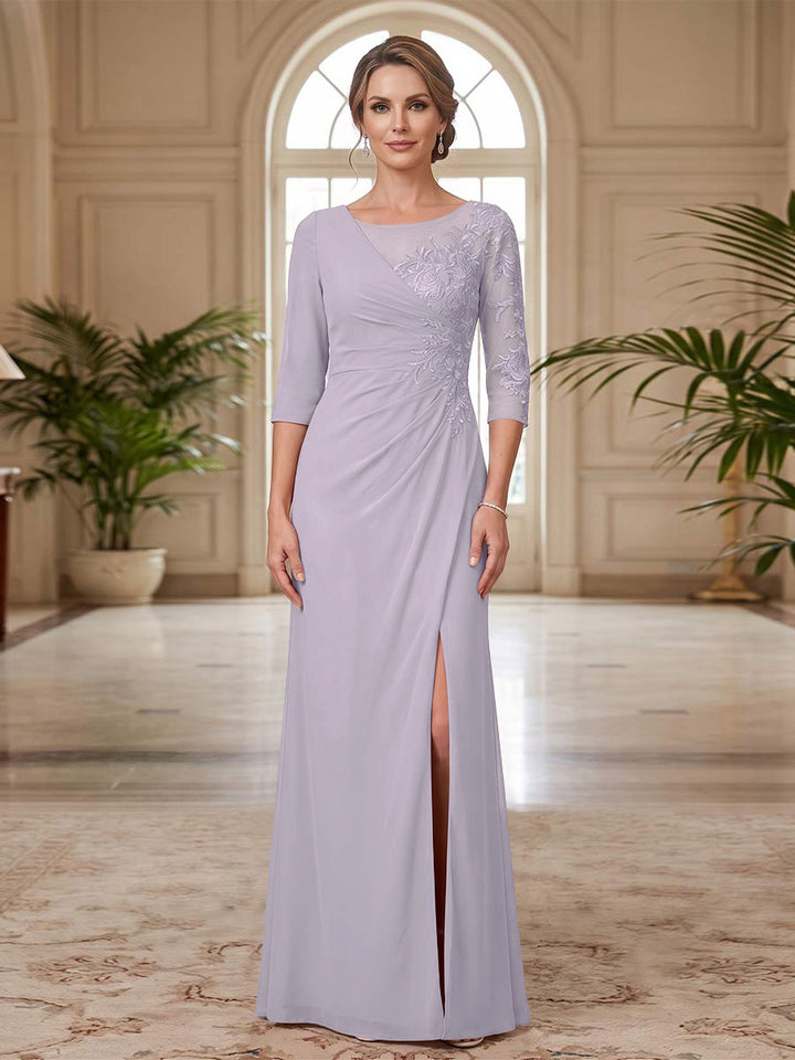 Sheath/Column Scoop 3/4 Sleeves Floor-length Mother of the Bride Dresses with Split Side &amp; Appliques