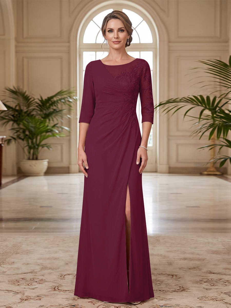 Sheath/Column Scoop 3/4 Sleeves Floor-length Mother of the Bride Dresses with Split Side &amp; Appliques