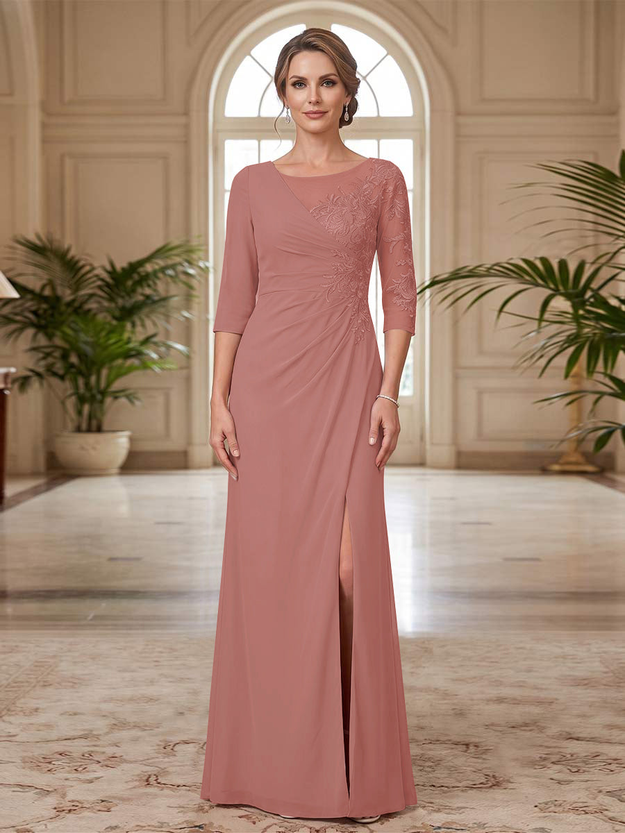 Sheath/Column Scoop 3/4 Sleeves Floor-length Mother of the Bride Dresses with Split Side &amp; Appliques