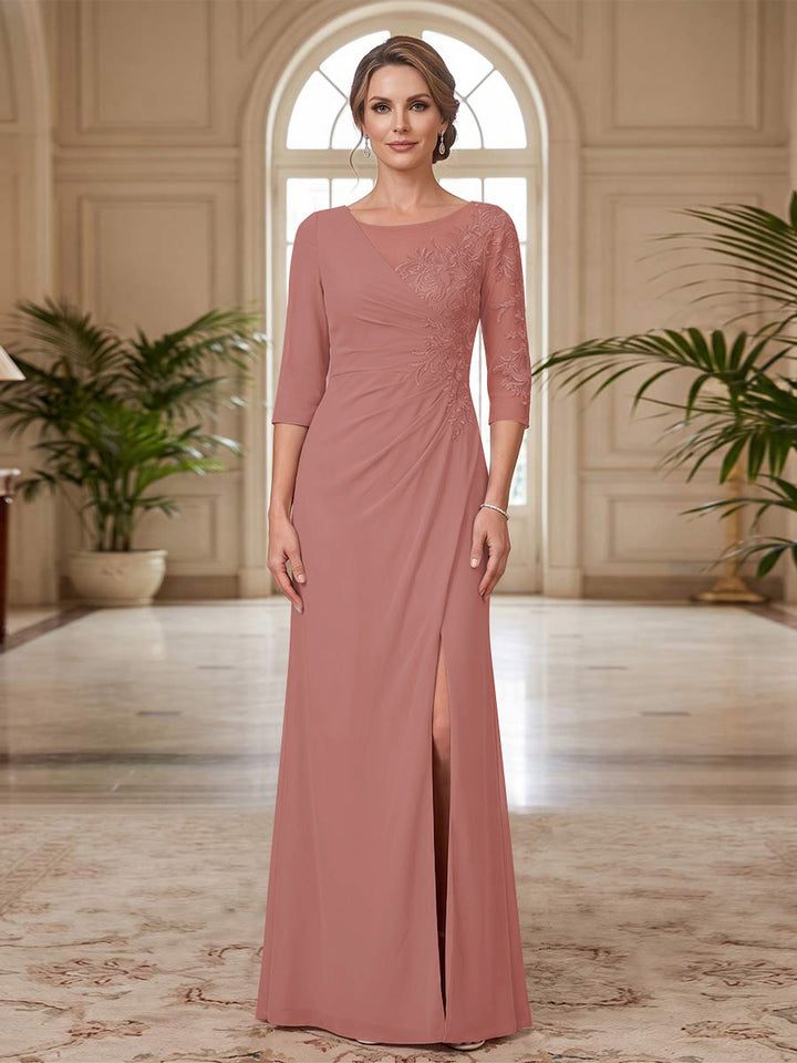 Sheath/Column Scoop 3/4 Sleeves Floor-length Mother of the Bride Dresses with Split Side &amp; Appliques