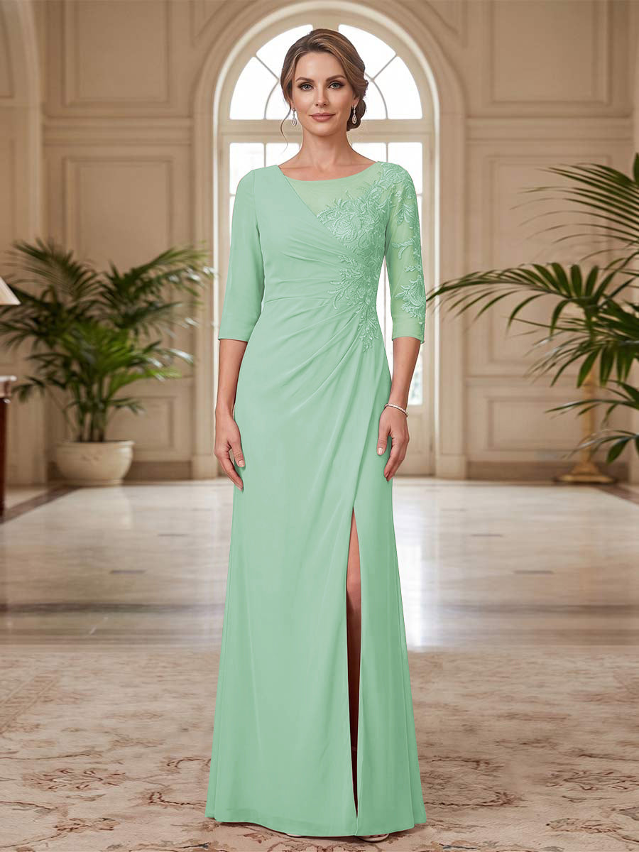 Sheath/Column Scoop 3/4 Sleeves Floor-length Mother of the Bride Dresses with Split Side &amp; Appliques