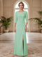 Sheath/Column Scoop 3/4 Sleeves Floor-length Mother of the Bride Dresses with Split Side & Appliques