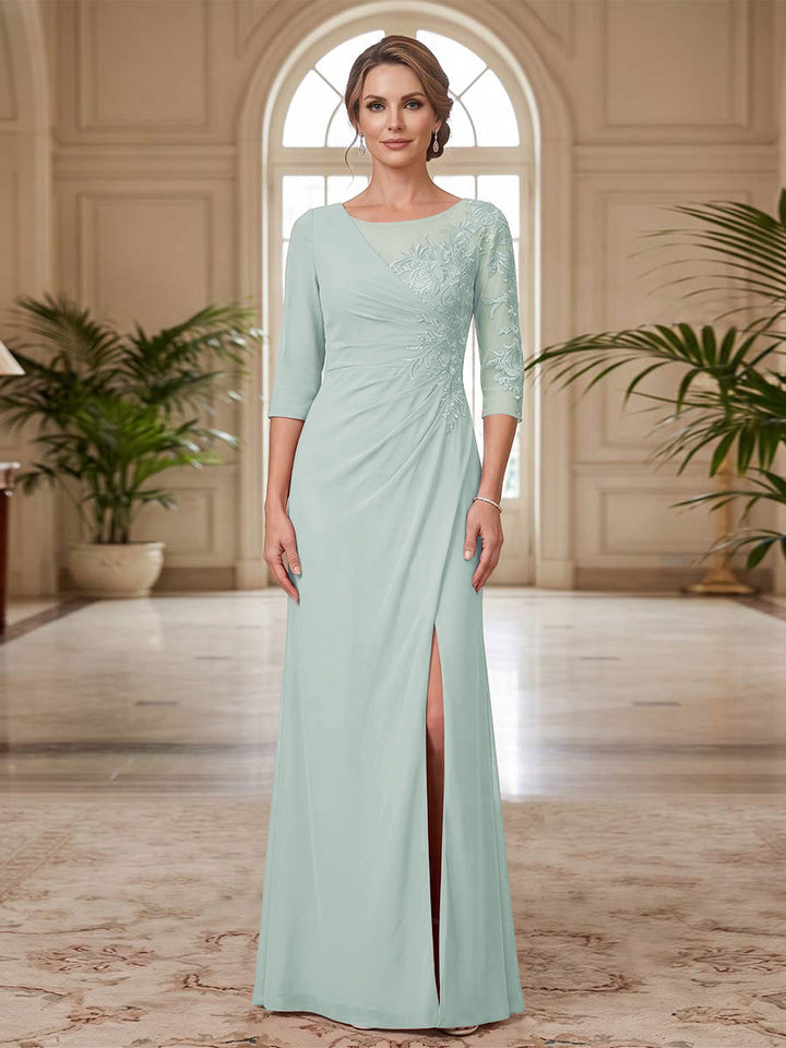 Sheath/Column Scoop 3/4 Sleeves Floor-length Mother of the Bride Dresses with Split Side &amp; Appliques