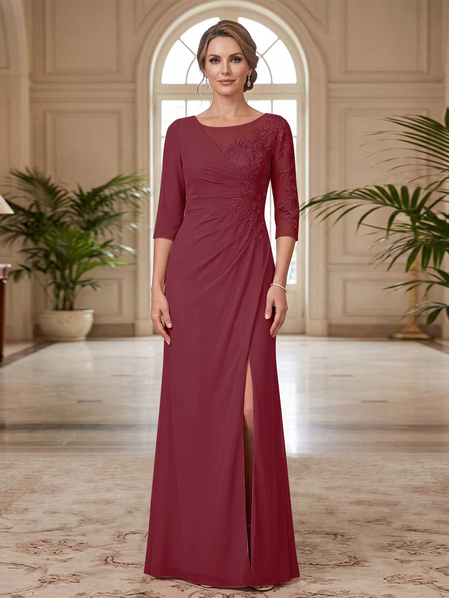 Sheath/Column Scoop 3/4 Sleeves Floor-length Mother of the Bride Dresses with Split Side &amp; Appliques