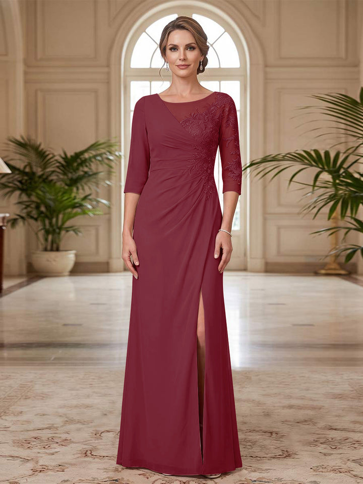 Sheath/Column Scoop 3/4 Sleeves Floor-length Mother of the Bride Dresses with Split Side &amp; Appliques