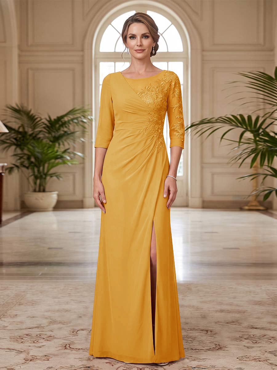 Sheath/Column Scoop 3/4 Sleeves Floor-length Mother of the Bride Dresses with Split Side &amp; Appliques