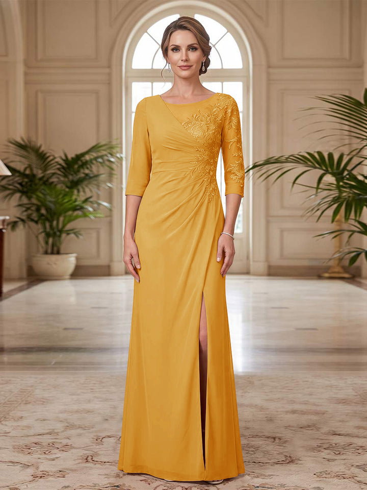 Sheath/Column Scoop 3/4 Sleeves Floor-length Mother of the Bride Dresses with Split Side &amp; Appliques