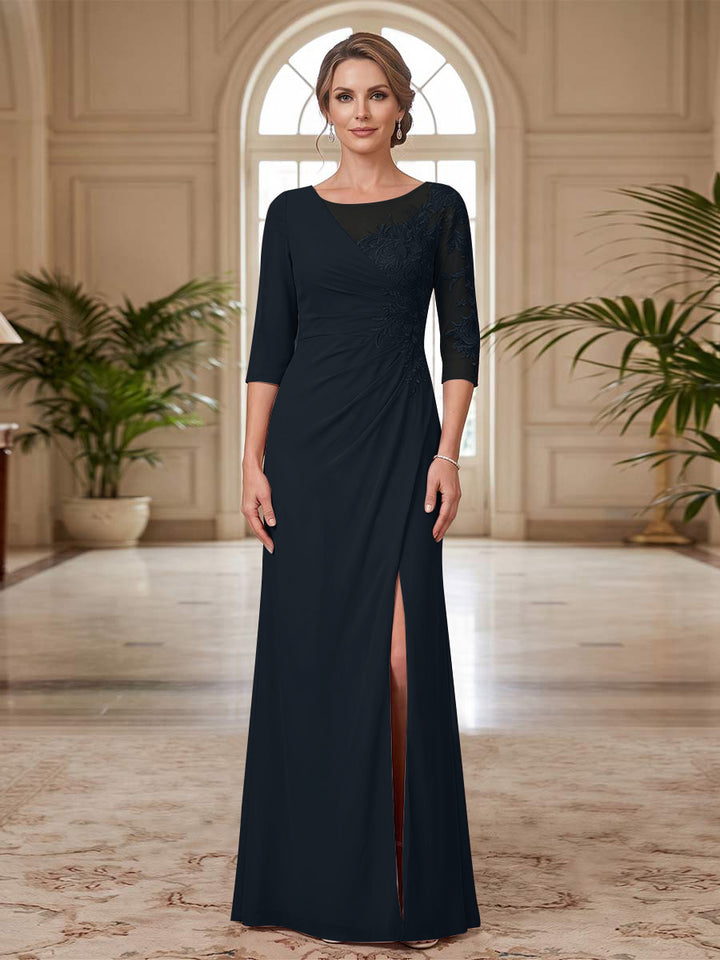 Sheath/Column Scoop 3/4 Sleeves Floor-length Mother of the Bride Dresses with Split Side &amp; Appliques
