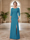 Sheath/Column Scoop 3/4 Sleeves Floor-length Mother of the Bride Dresses with Split Side & Appliques