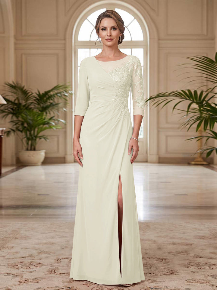 Sheath/Column Scoop 3/4 Sleeves Floor-length Mother of the Bride Dresses with Split Side &amp; Appliques