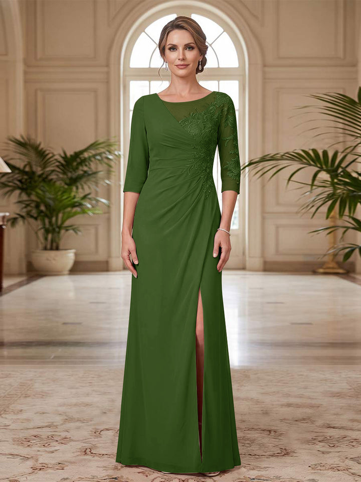 Sheath/Column Scoop 3/4 Sleeves Floor-length Mother of the Bride Dresses with Split Side &amp; Appliques