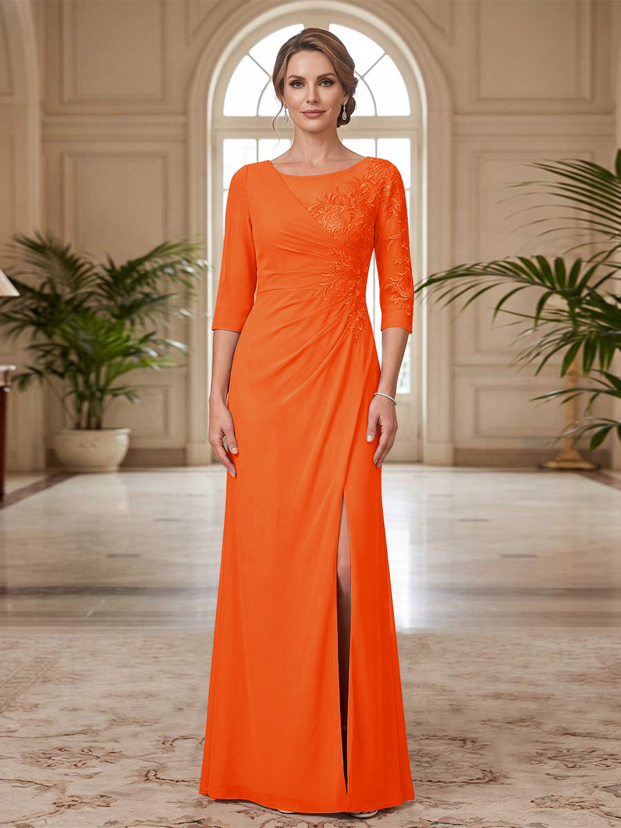 Sheath/Column Scoop 3/4 Sleeves Floor-length Mother of the Bride Dresses with Split Side &amp; Appliques