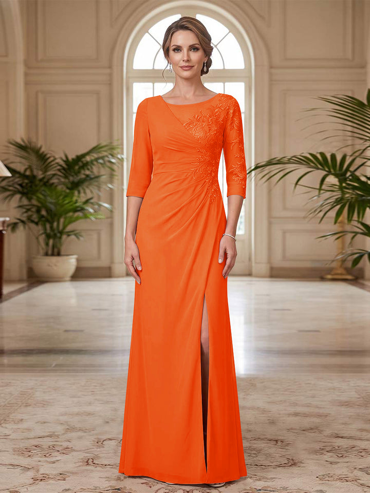 Sheath/Column Scoop 3/4 Sleeves Floor-length Mother of the Bride Dresses with Split Side &amp; Appliques