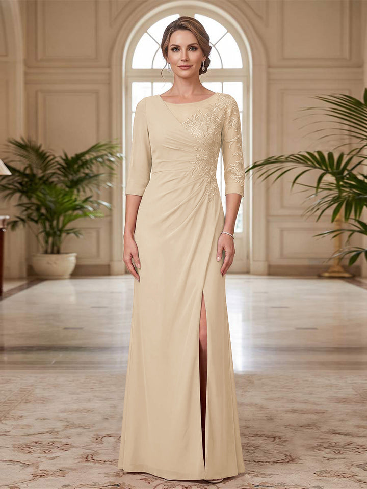 Sheath/Column Scoop 3/4 Sleeves Floor-length Mother of the Bride Dresses with Split Side &amp; Appliques