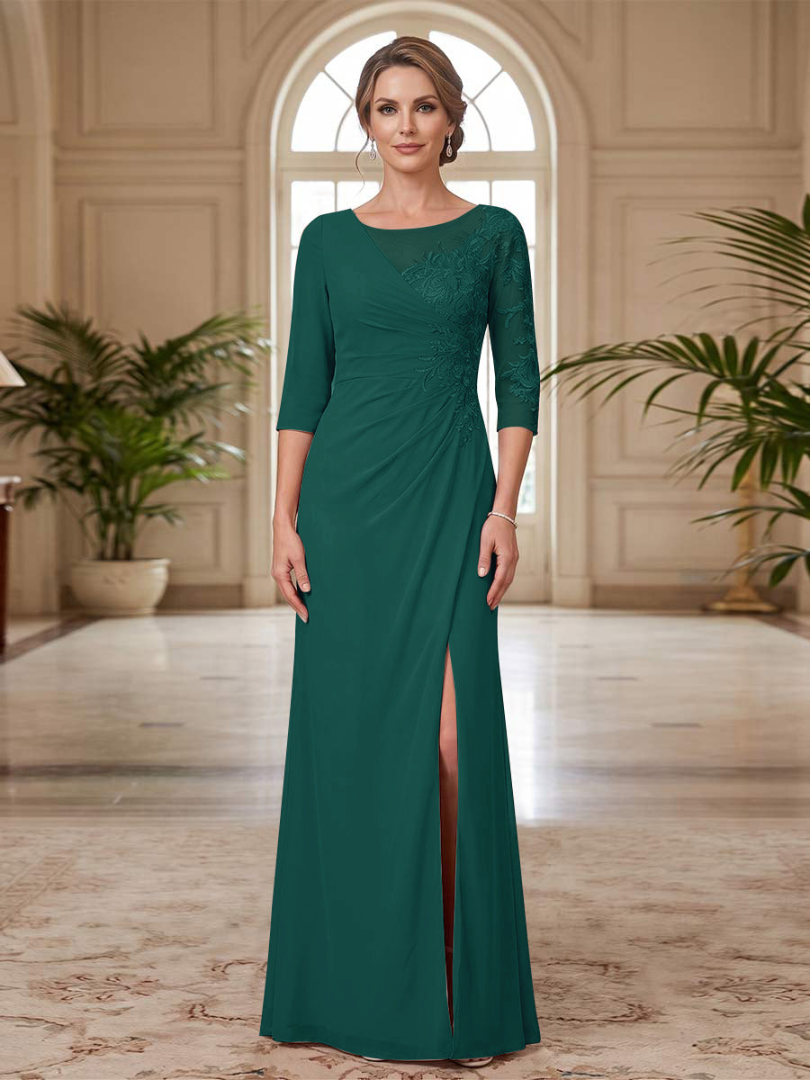 Sheath/Column Scoop 3/4 Sleeves Floor-length Mother of the Bride Dresses with Split Side &amp; Appliques