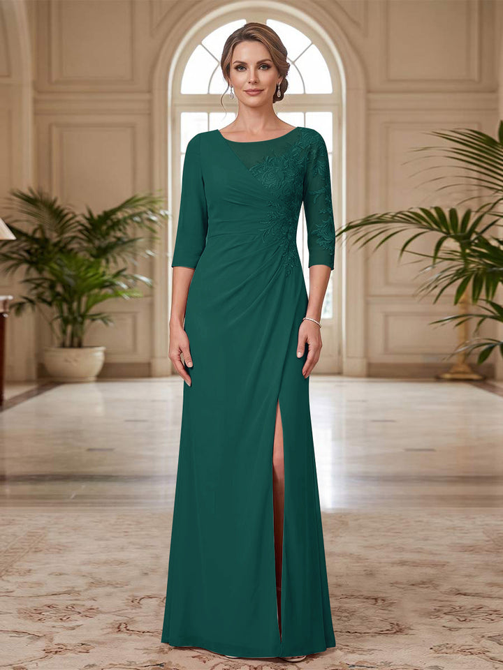 Sheath/Column Scoop 3/4 Sleeves Floor-length Mother of the Bride Dresses with Split Side &amp; Appliques