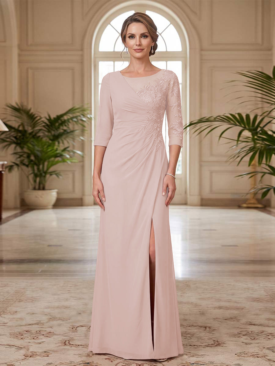 Sheath/Column Scoop 3/4 Sleeves Floor-length Mother of the Bride Dresses with Split Side &amp; Appliques