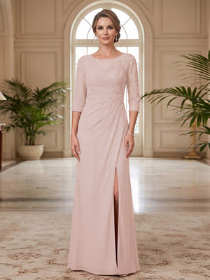 Sheath/Column Scoop 3/4 Sleeves Floor-length Mother of the Bride Dresses with Split Side & Appliques