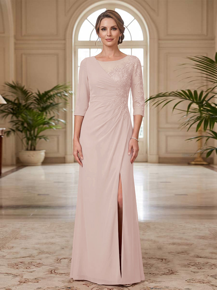 Sheath/Column Scoop 3/4 Sleeves Floor-length Mother of the Bride Dresses with Split Side &amp; Appliques