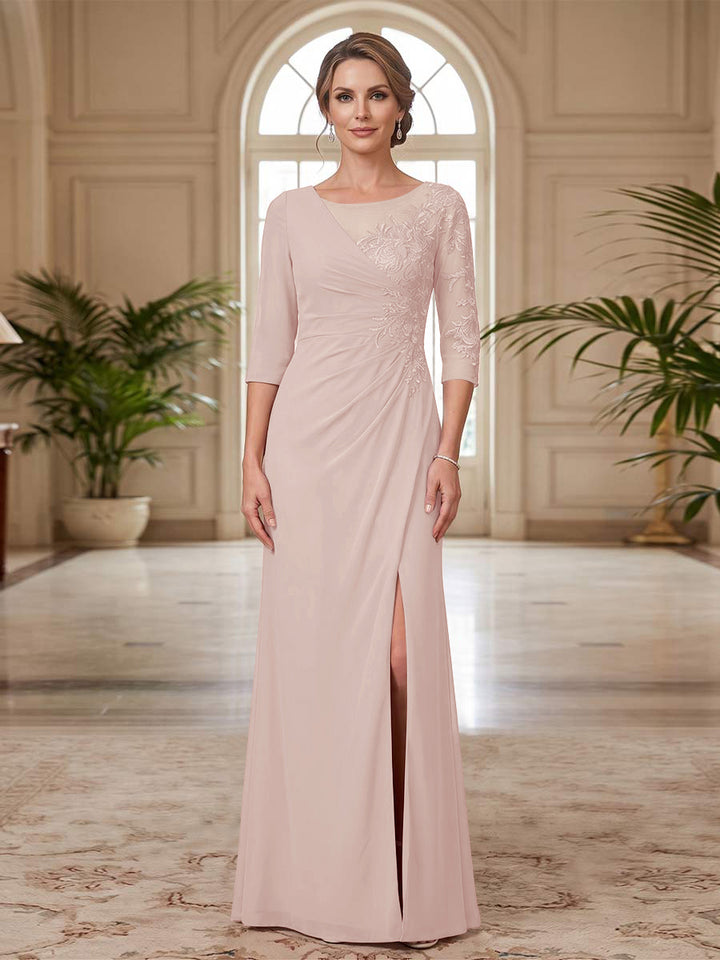 Sheath/Column Scoop 3/4 Sleeves Floor-length Mother of the Bride Dresses with Split Side &amp; Appliques