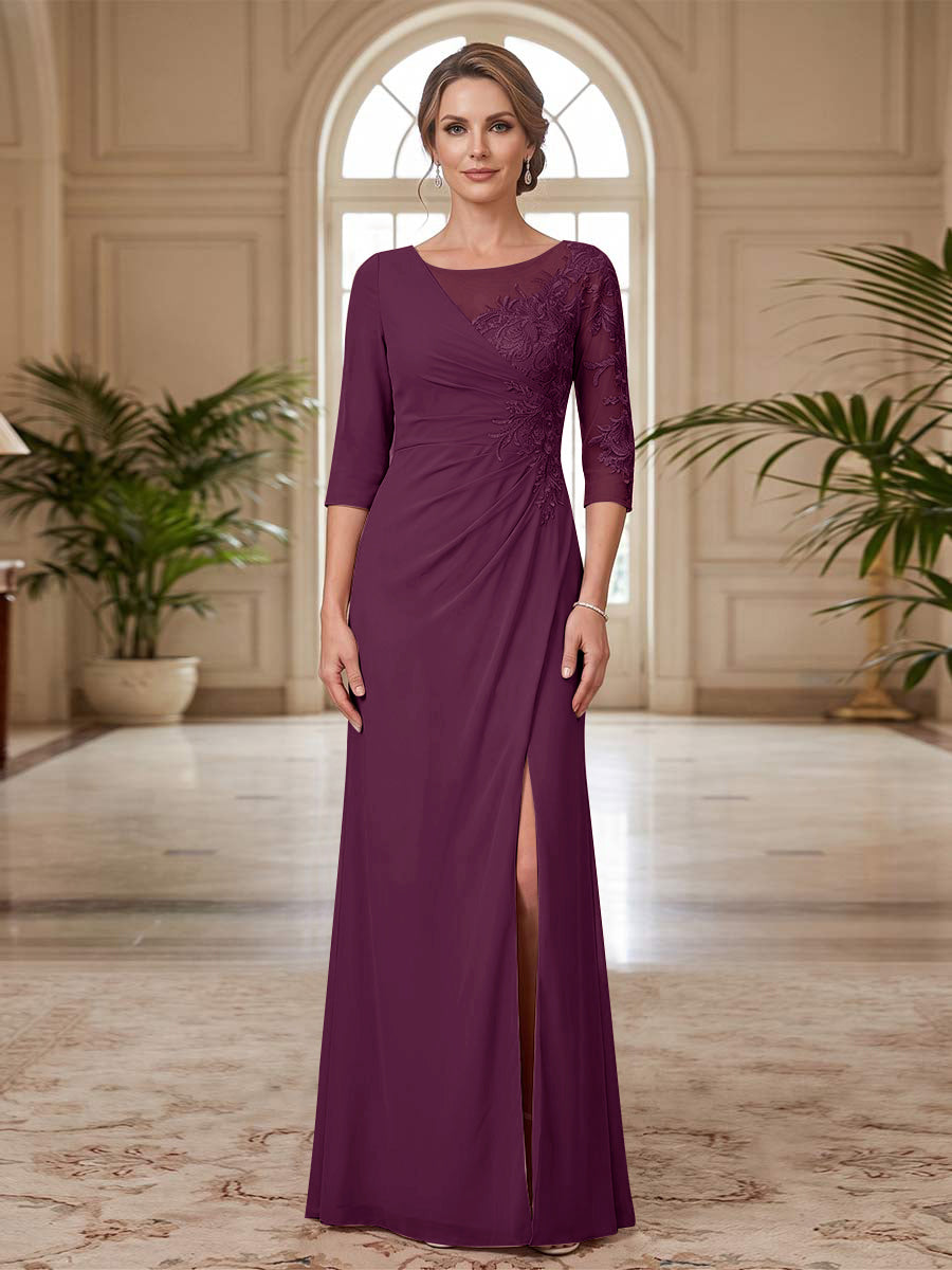 Sheath/Column Scoop 3/4 Sleeves Floor-length Mother of the Bride Dresses with Split Side &amp; Appliques
